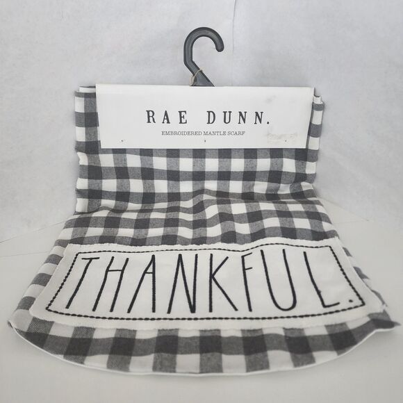 Rae Dunn Embroidered Mantle Scarf Thankful Gray Buffalo Check Plaid New - Picture 1 of 6